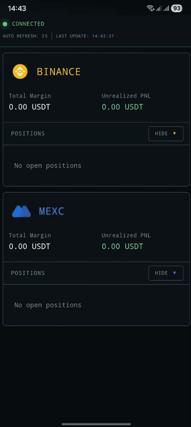 Exchange Positions Android app showing Binance and MEXC accounts